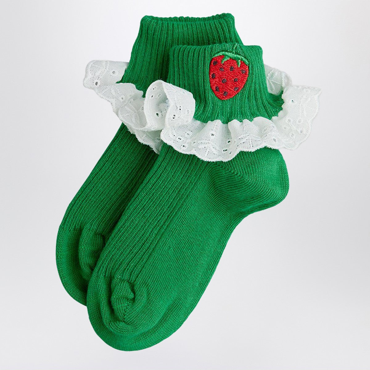 Mini Rodini Green socks with embroidered strawberries and lace Mini Rodini