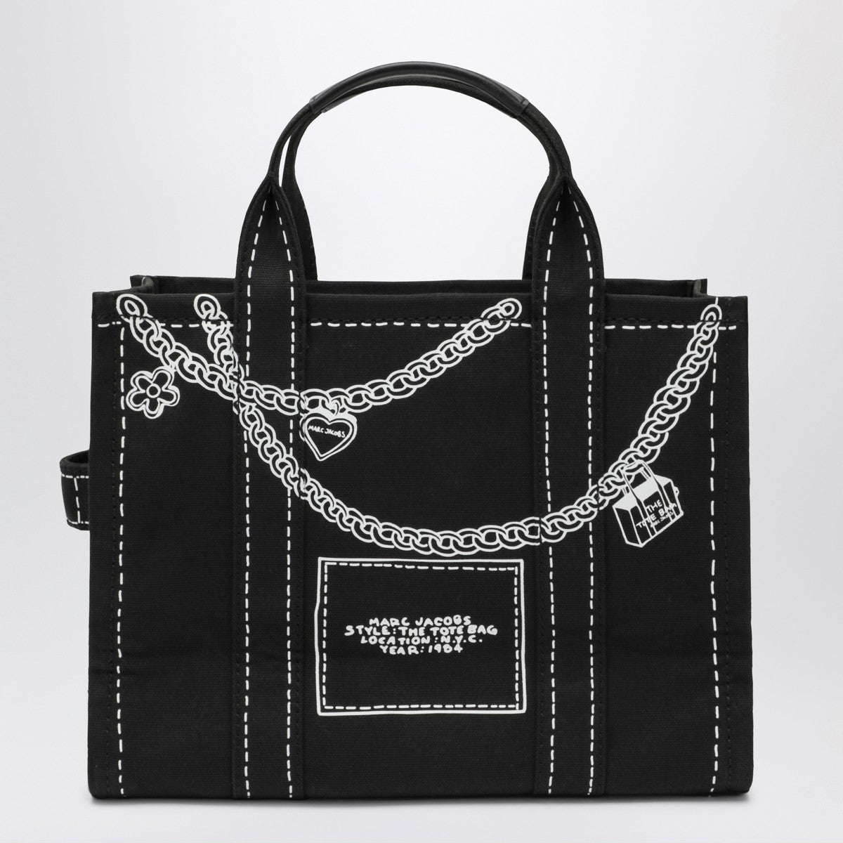 Marc Jacobs The Small Tote Bag nera in canvas with designs Marc Jacobs