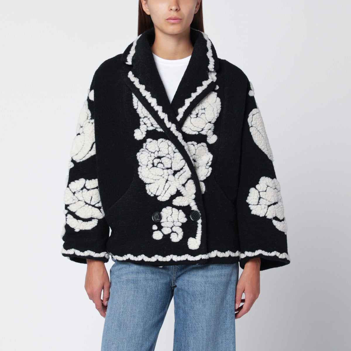 FARM Rio Black short coat with floral embroidery FARM Rio