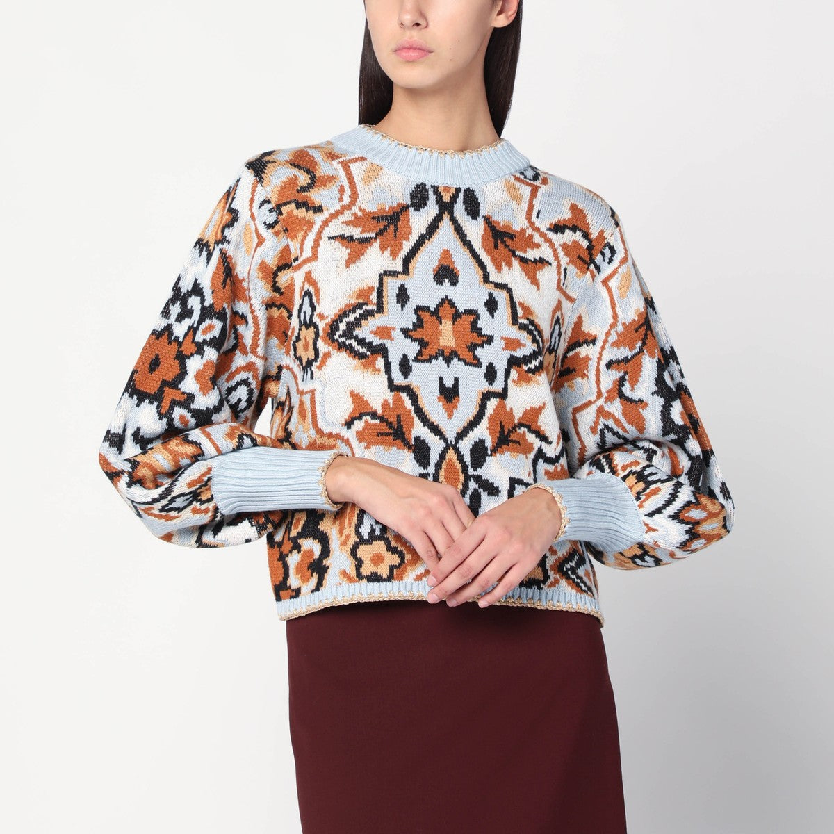 FARM Rio Light blue sweater with tapestry detail FARM Rio