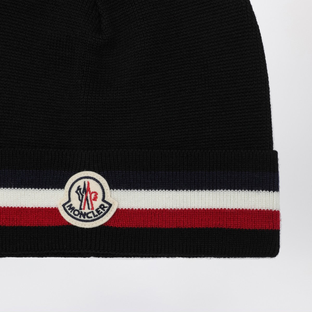 Moncler Black wool beanie with tricolor band
