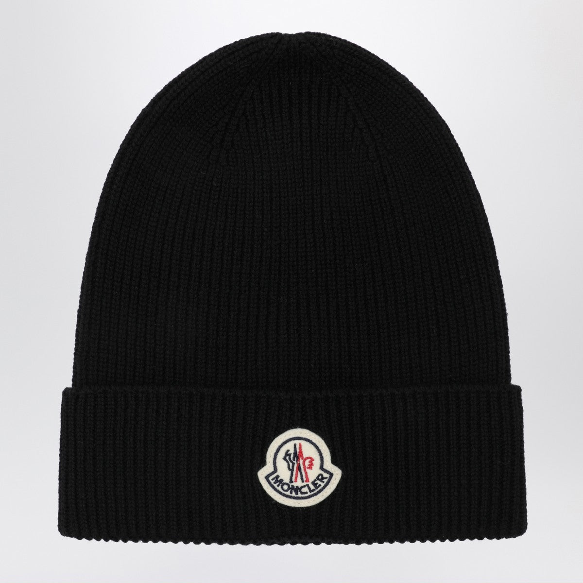 Moncler Black wool beanie with logo patch Moncler