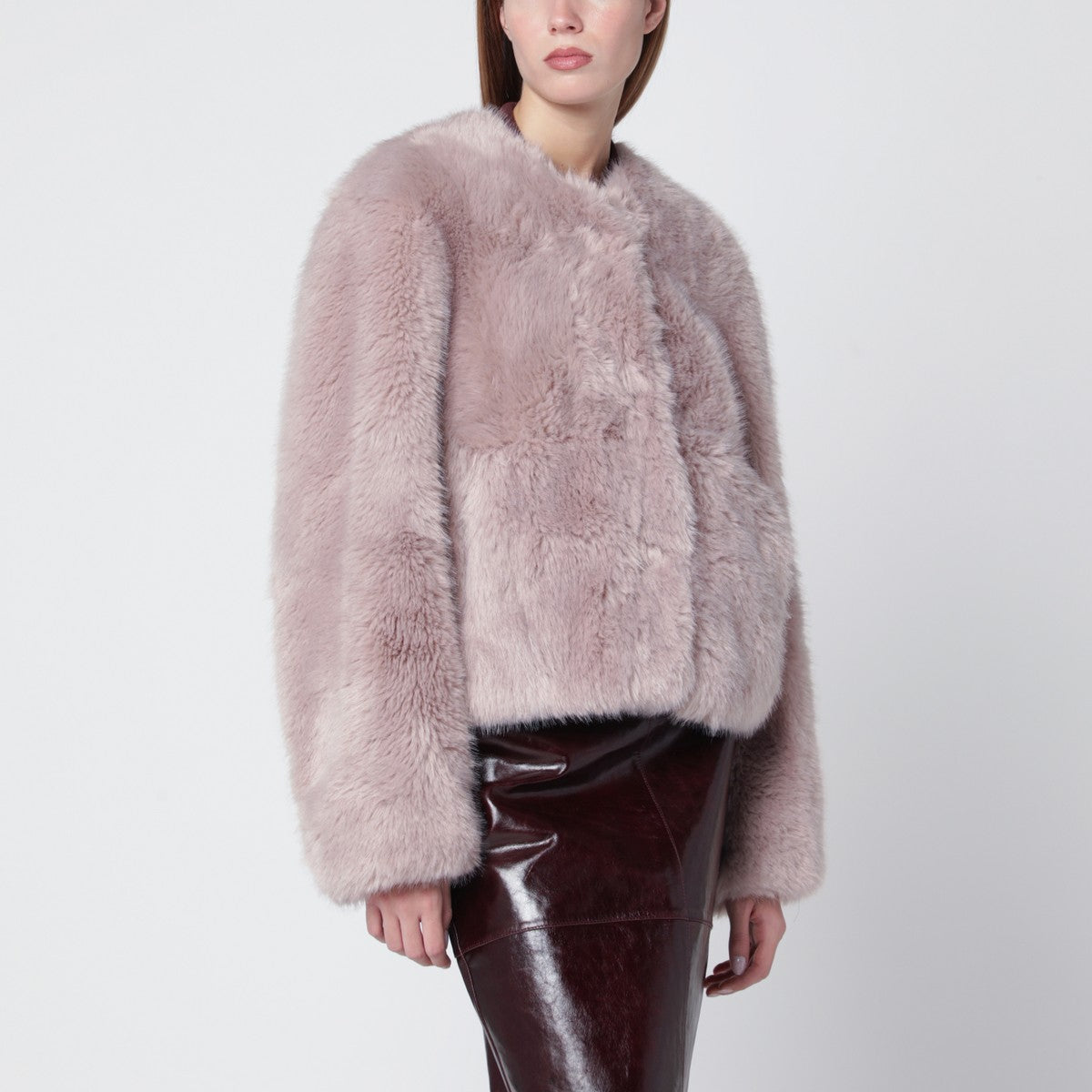 STAND STUDIO Pink short crewneck faux-fur jacket Stand Studio