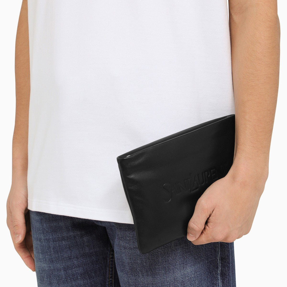 Saint Laurent Black padded leather clutch bag with logo Saint Laurent