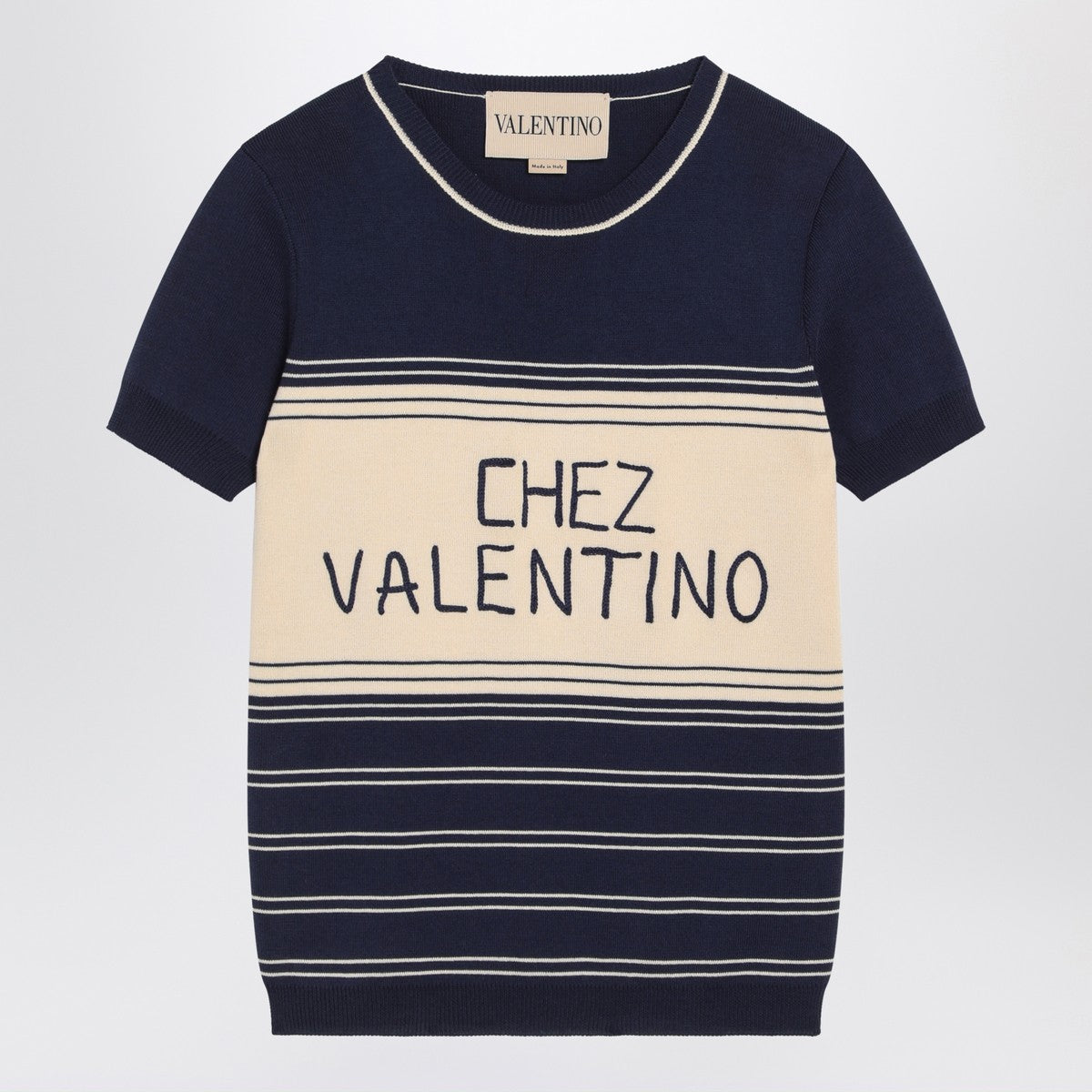 Blue ribbed top with Chez Valentino embroidery Valentino