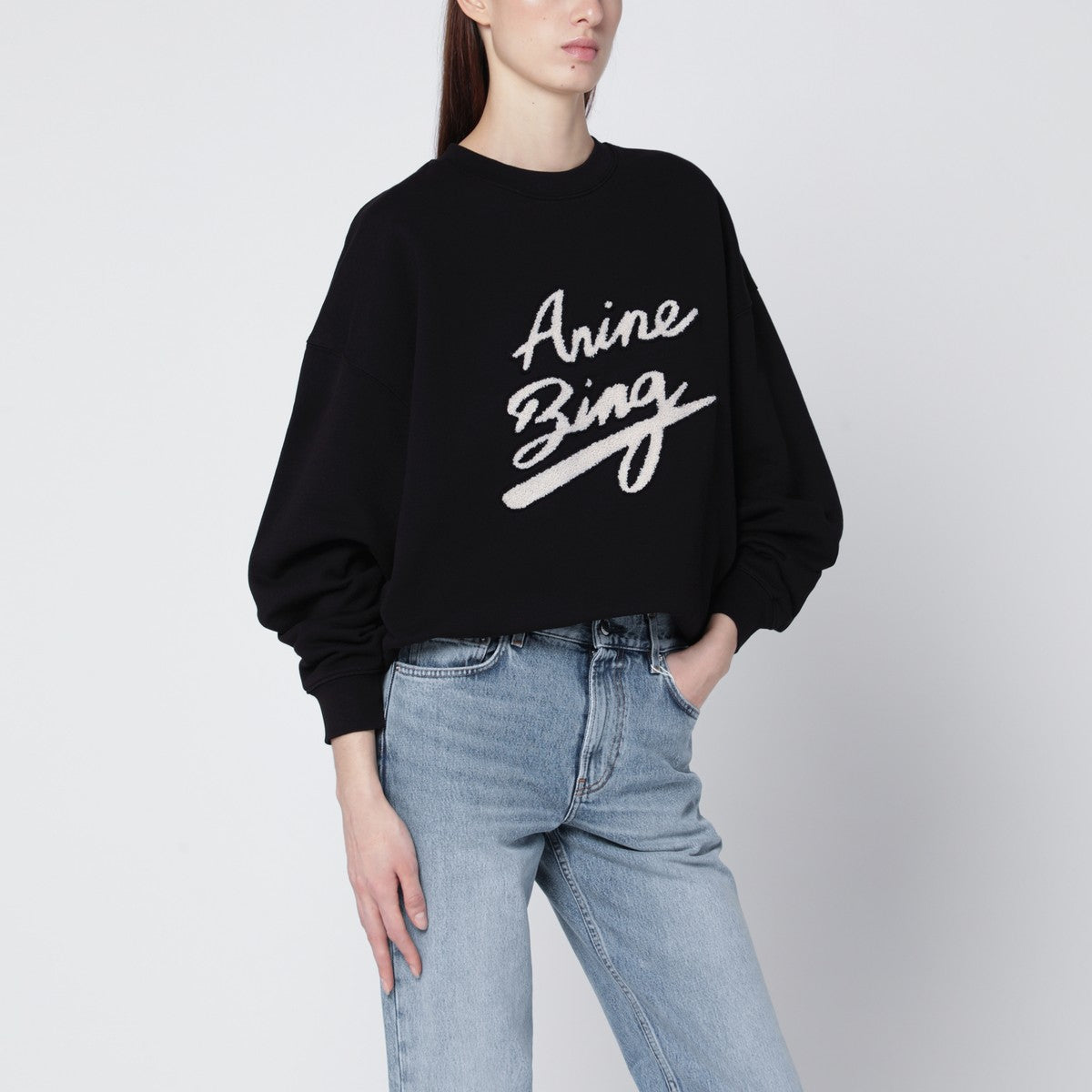 ANINE BING Oversized black sweatshirt with chenille logo ANINE BING