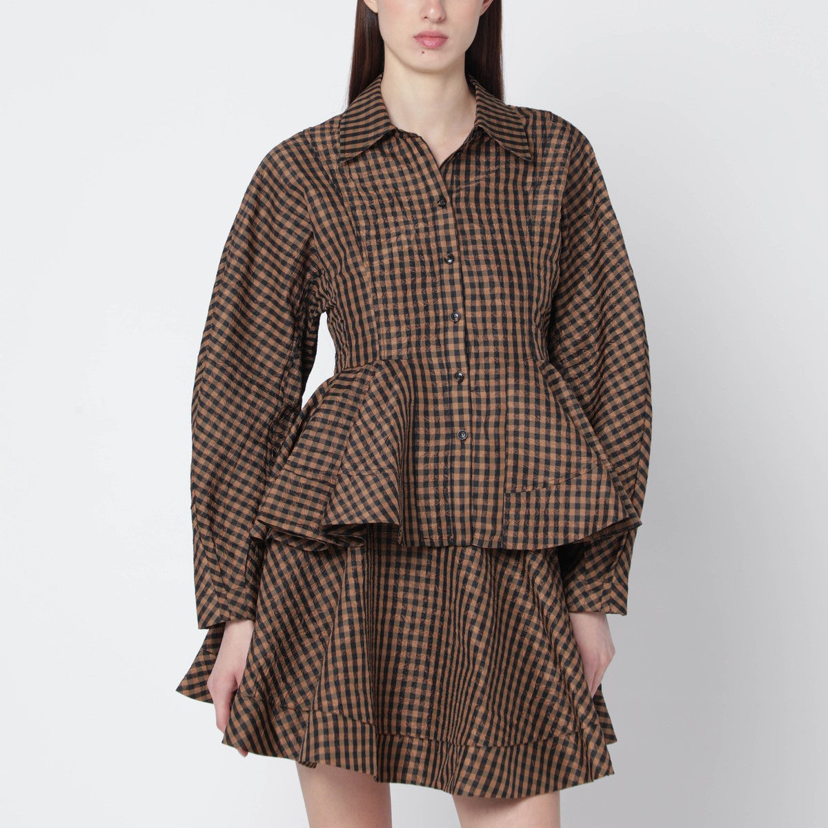 GANNI Brown/black gingham peplum shirt Ganni