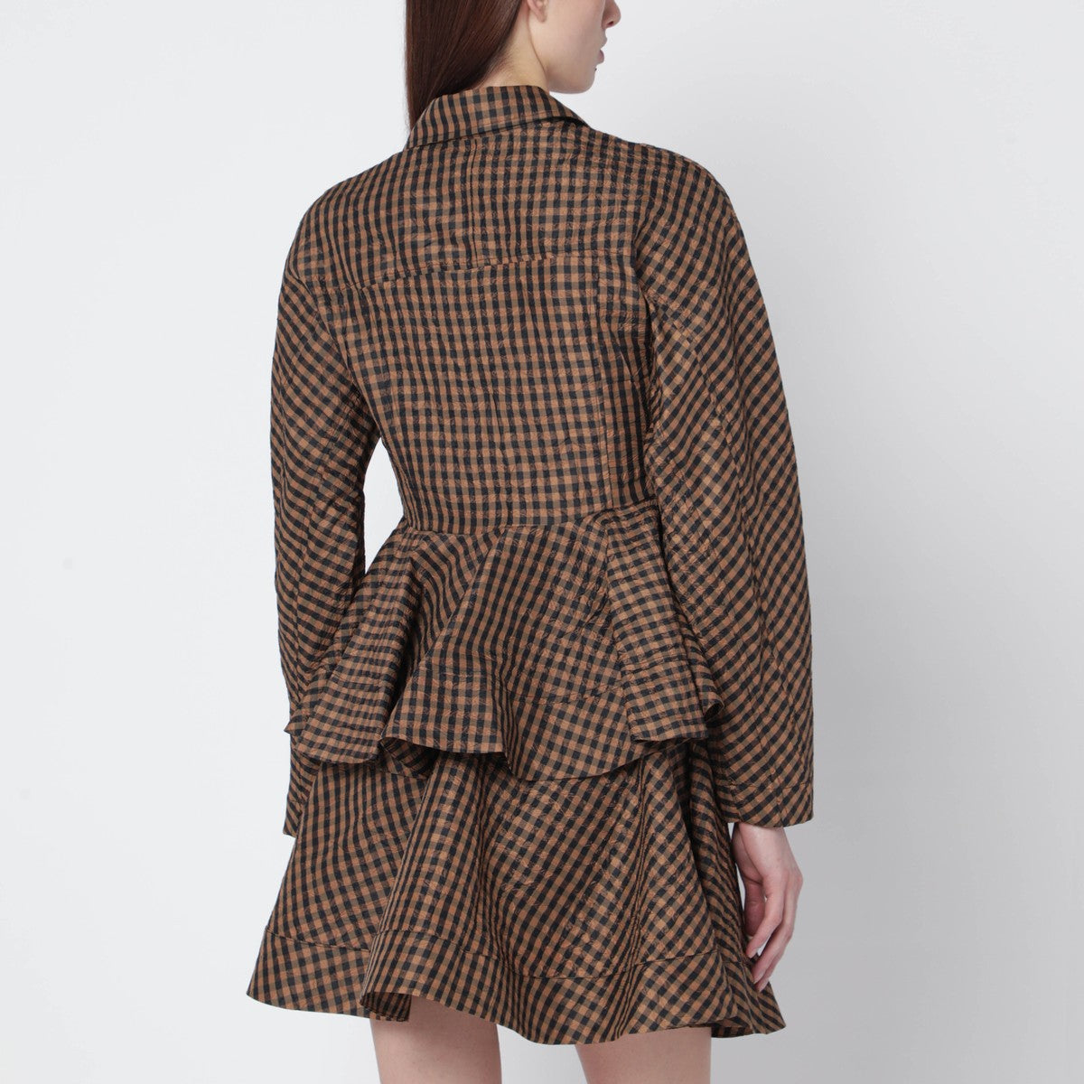 GANNI Brown/black gingham peplum shirt Ganni