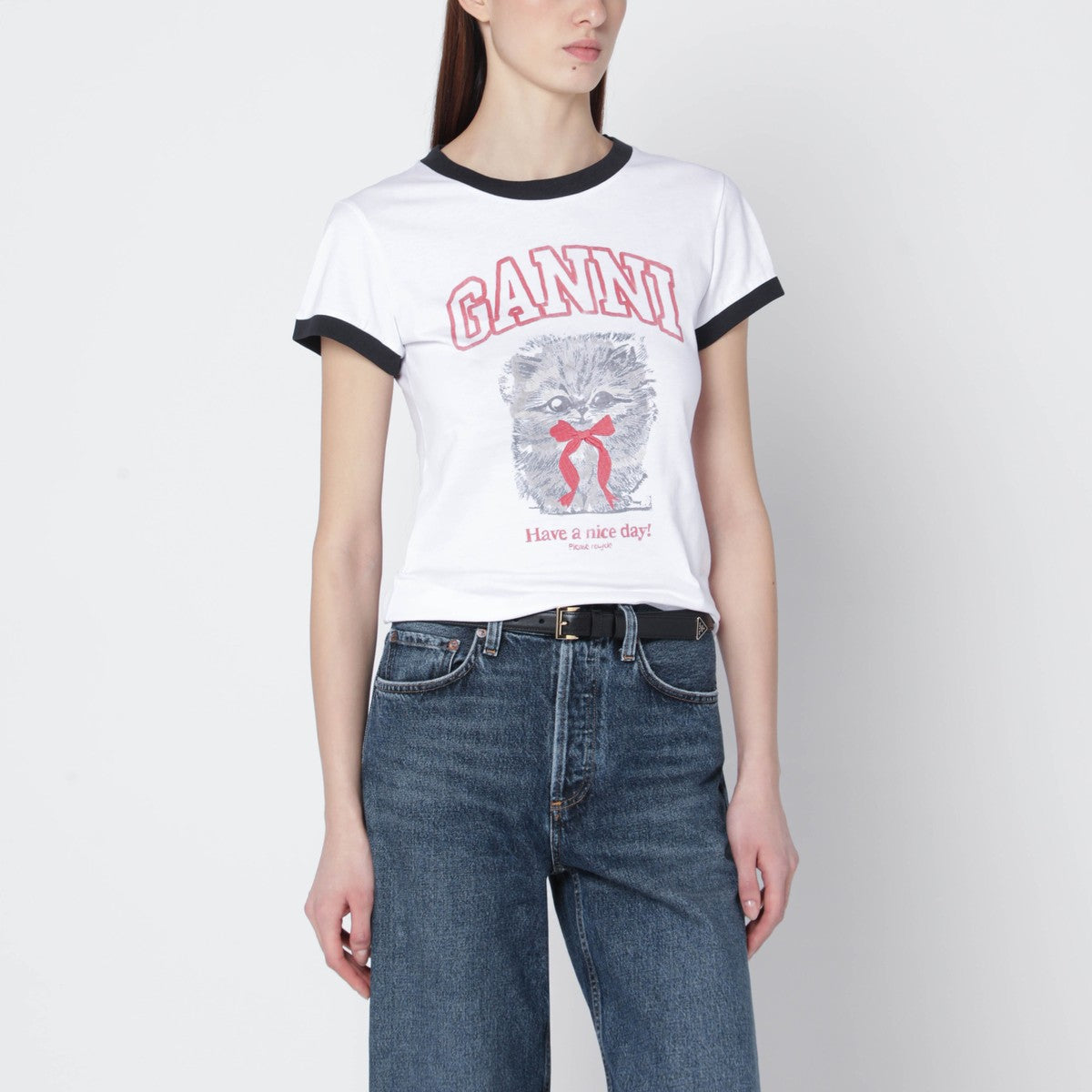 GANNI White cropped T-shirt with logo print Ganni