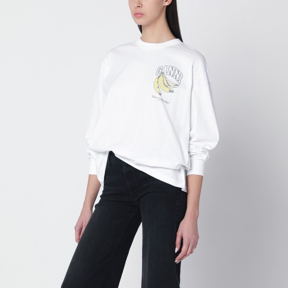 GANNI White knit top with logo print Ganni