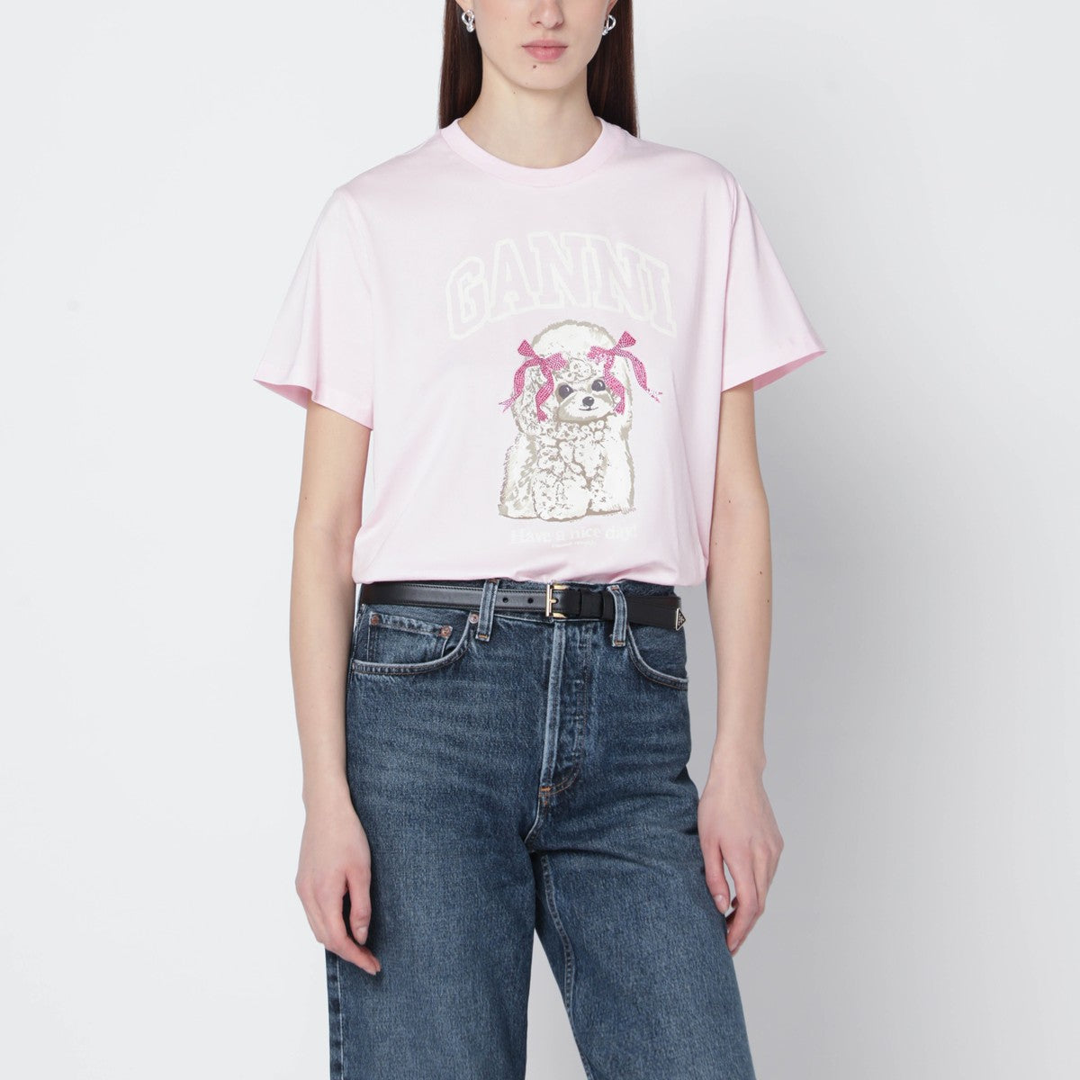 GANNI Light pink T-shirt with logo print Ganni