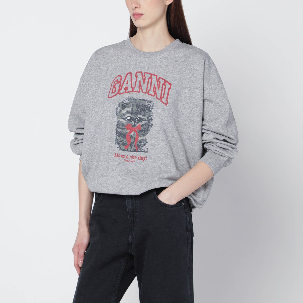 GANNI Grey Kitty sweatshirt with logo print Ganni