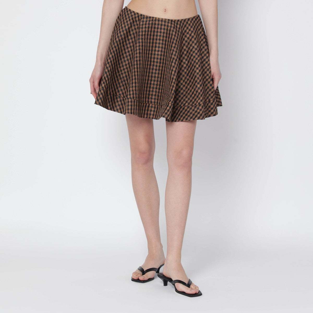 GANNI Brown/black gingham flared mini skirt Ganni