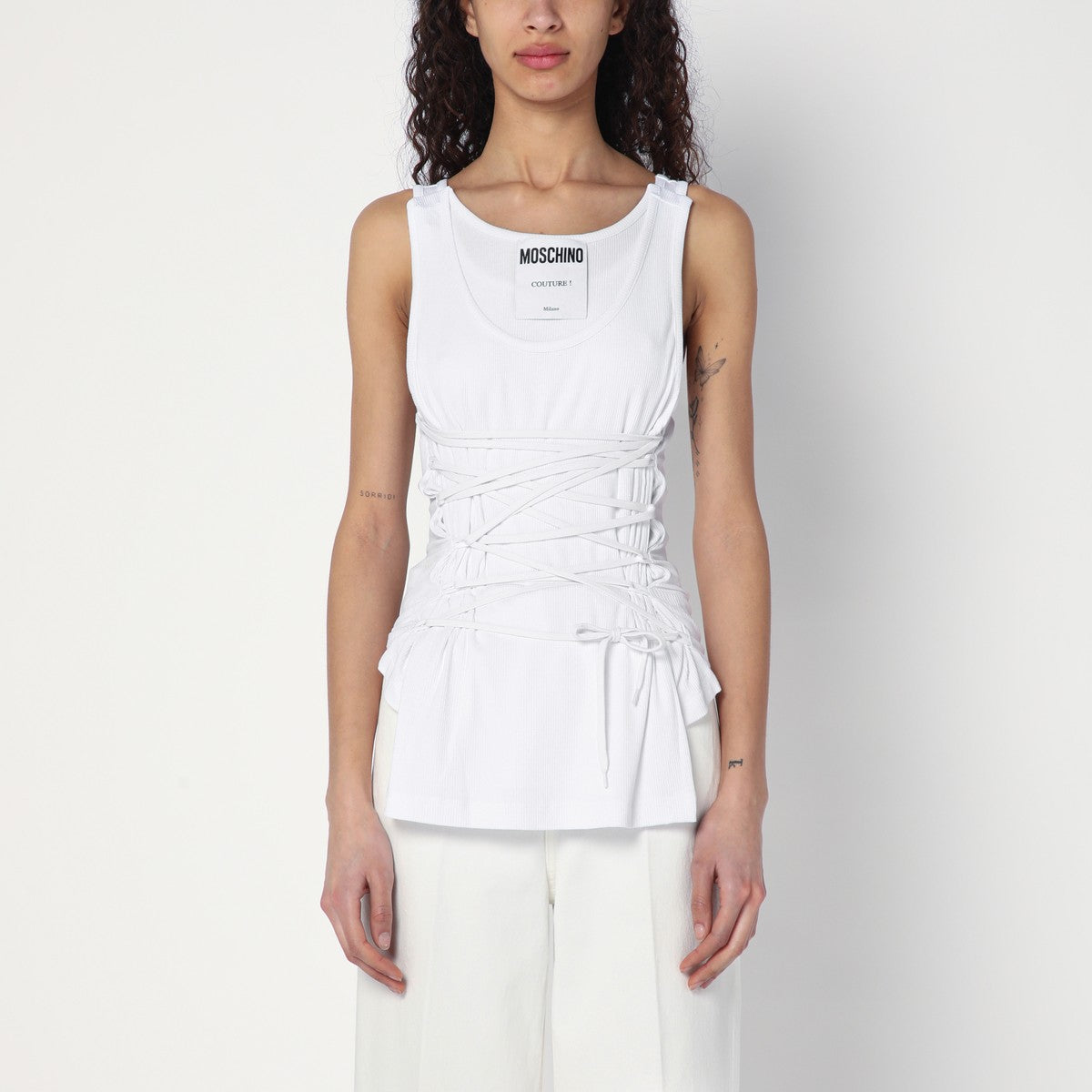 Moschino White tank top in cotton with laces Moschino