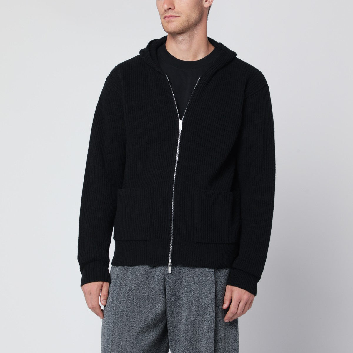 Lardini Black wool and cashmere hooded cardigan Lardini