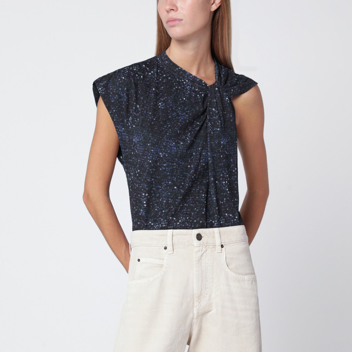 ISABEL MARANT Nayda asymmetrical T-shirt with midnight blue print Isabel Marant