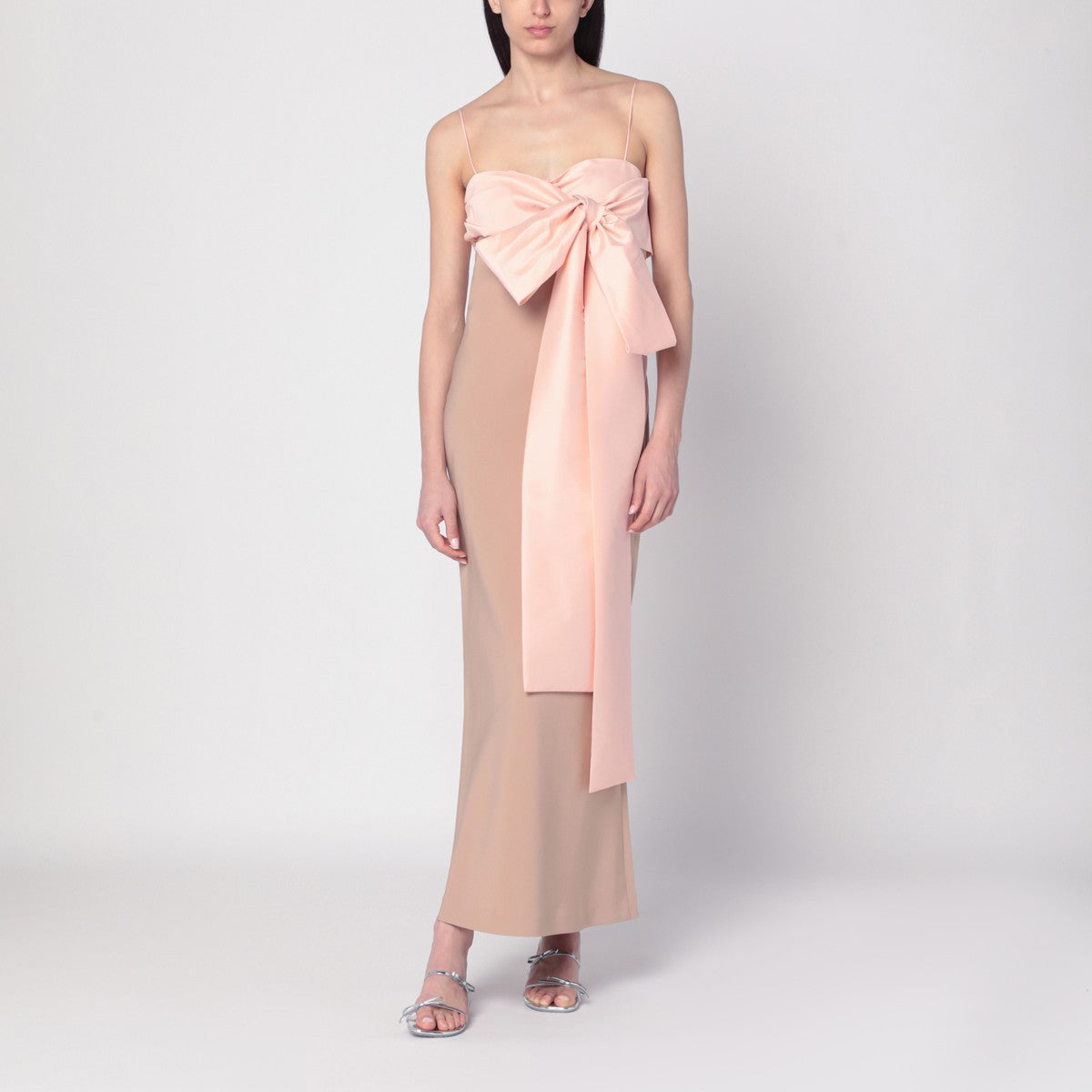 BERNADETTE Beige/pink Bart dress with oversized bow BERNADETTE