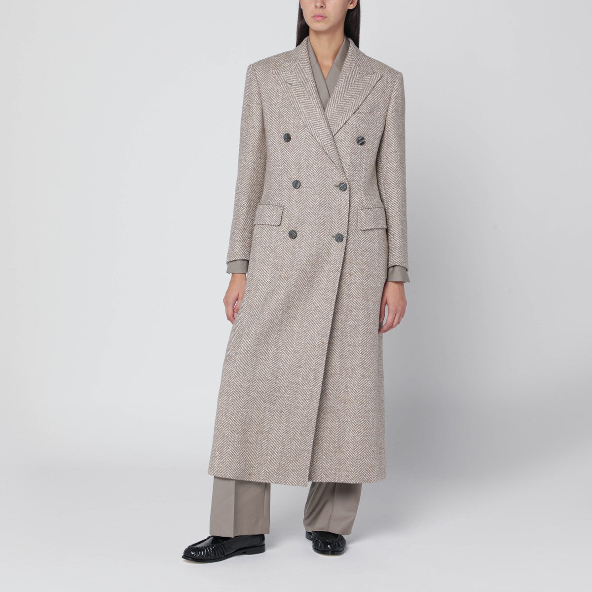 Tagliatore Beige double-breasted herringbone coat Tagliatore