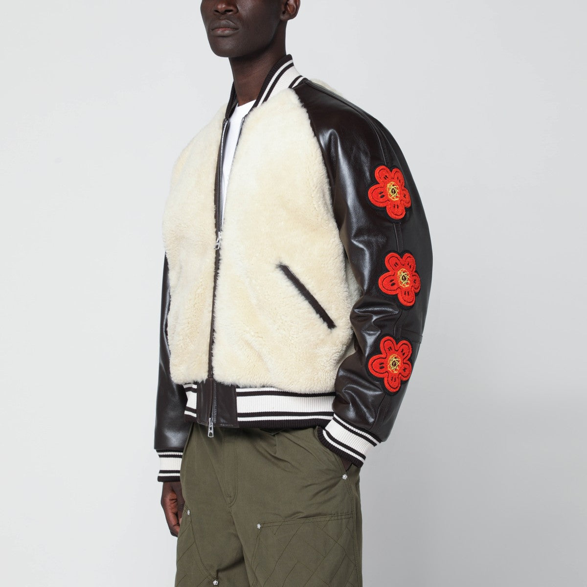 KENZO Beige shearling-effect and brown leather bomber jacket Kenzo
