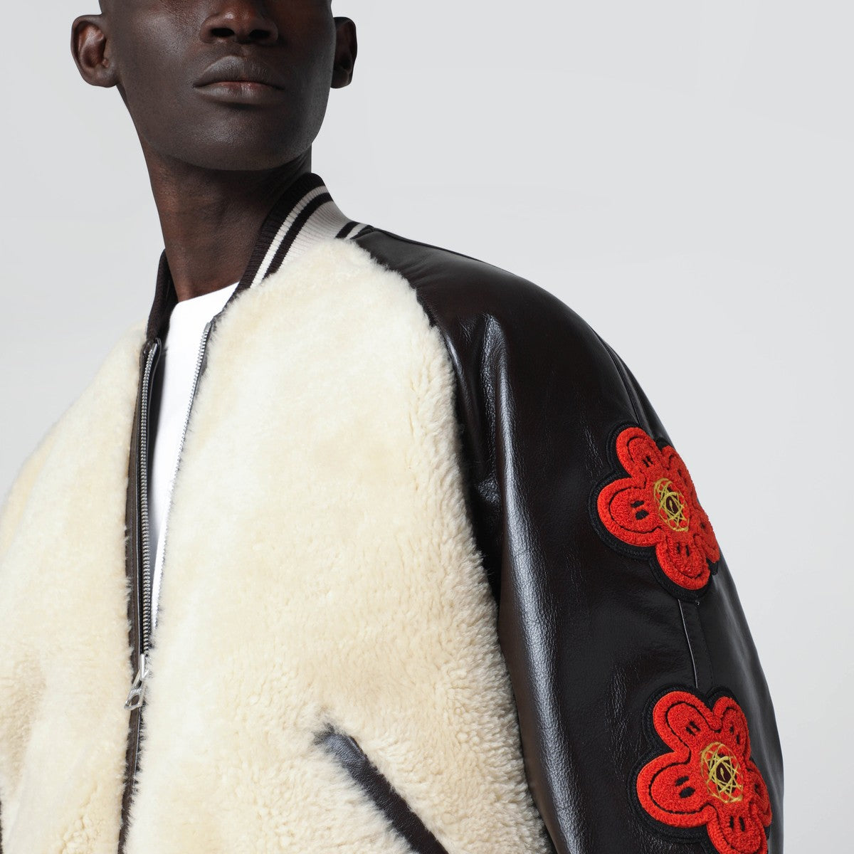 KENZO Beige shearling-effect and brown leather bomber jacket Kenzo