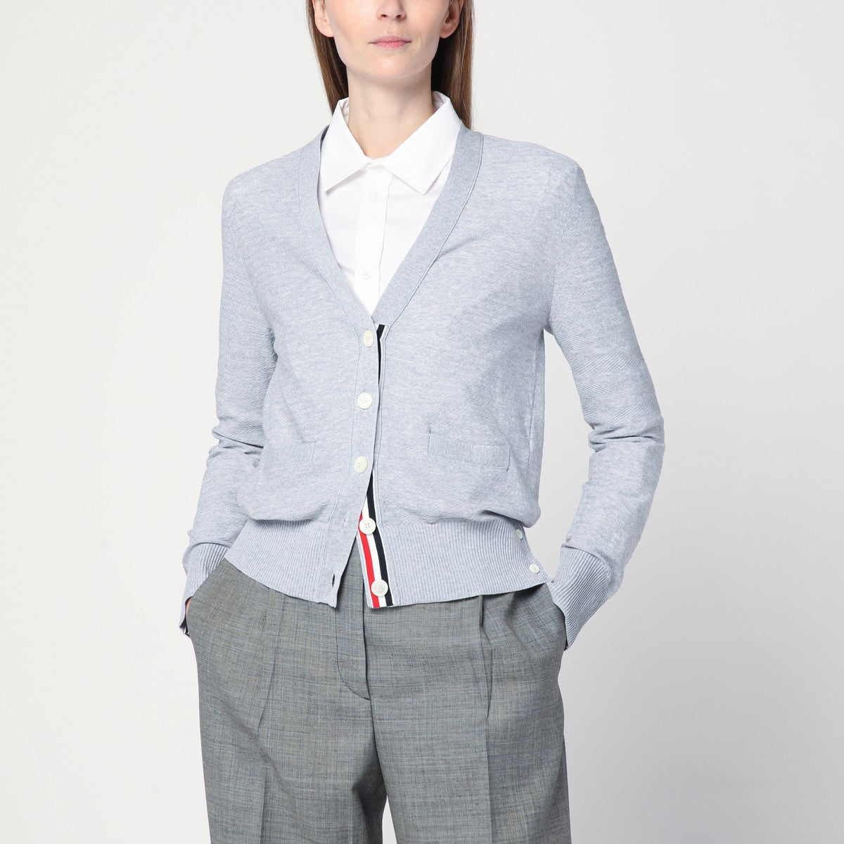 Thom Browne Light grey cardigan in cotton and silk Thom Browne