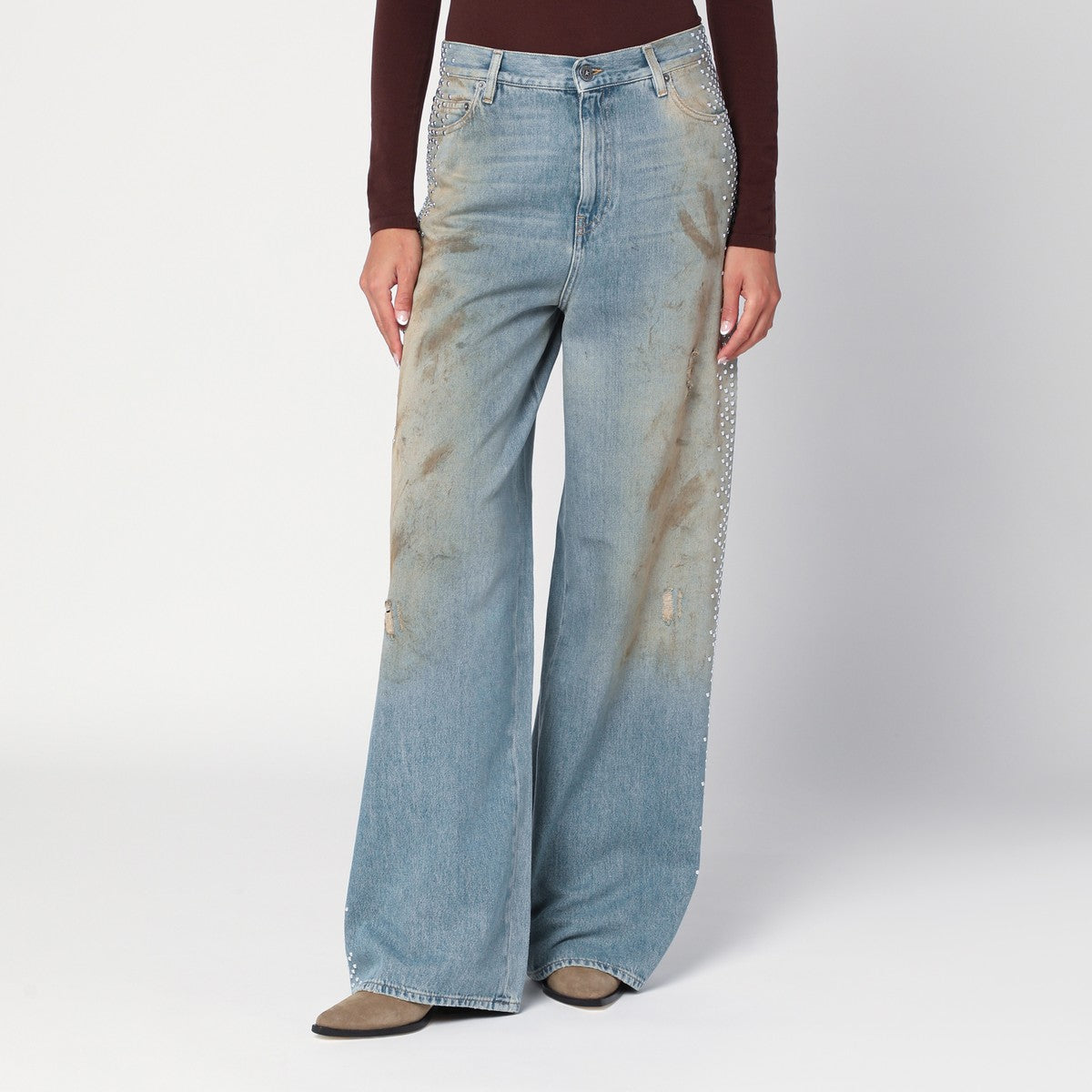 Golden Goose Wide light blue jeans, sand-wash distressed effect Golden Goose