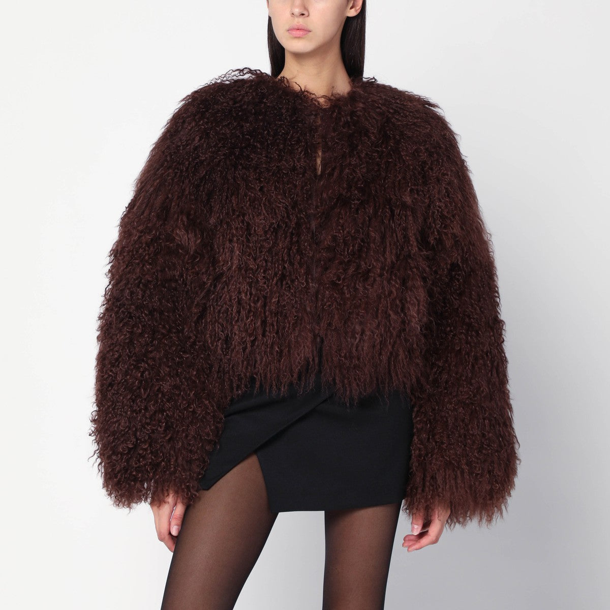 HALFBOY Short chocolate brown fur coat HALFBOY