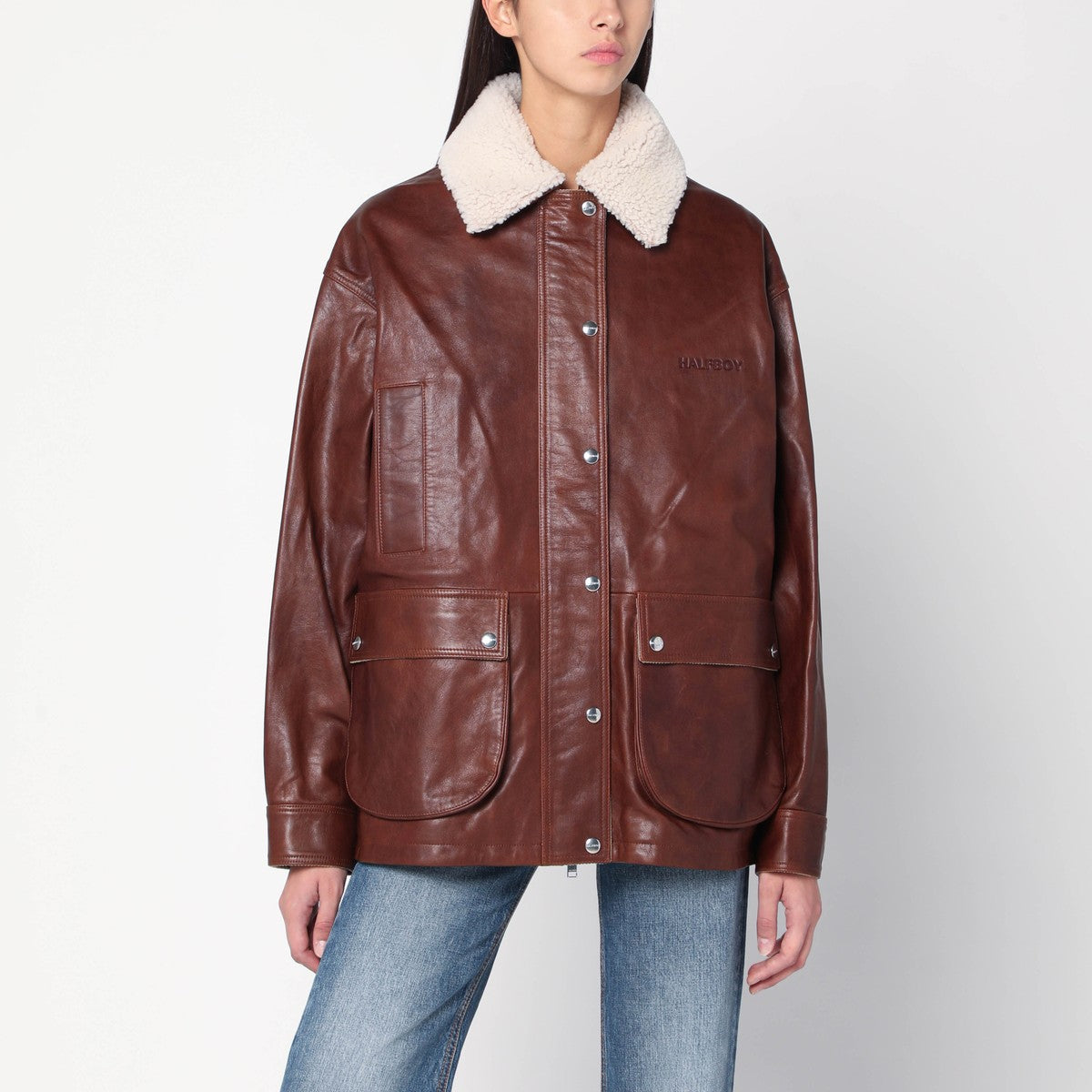 HALFBOY Brown leather jacket with shearling collar HALFBOY