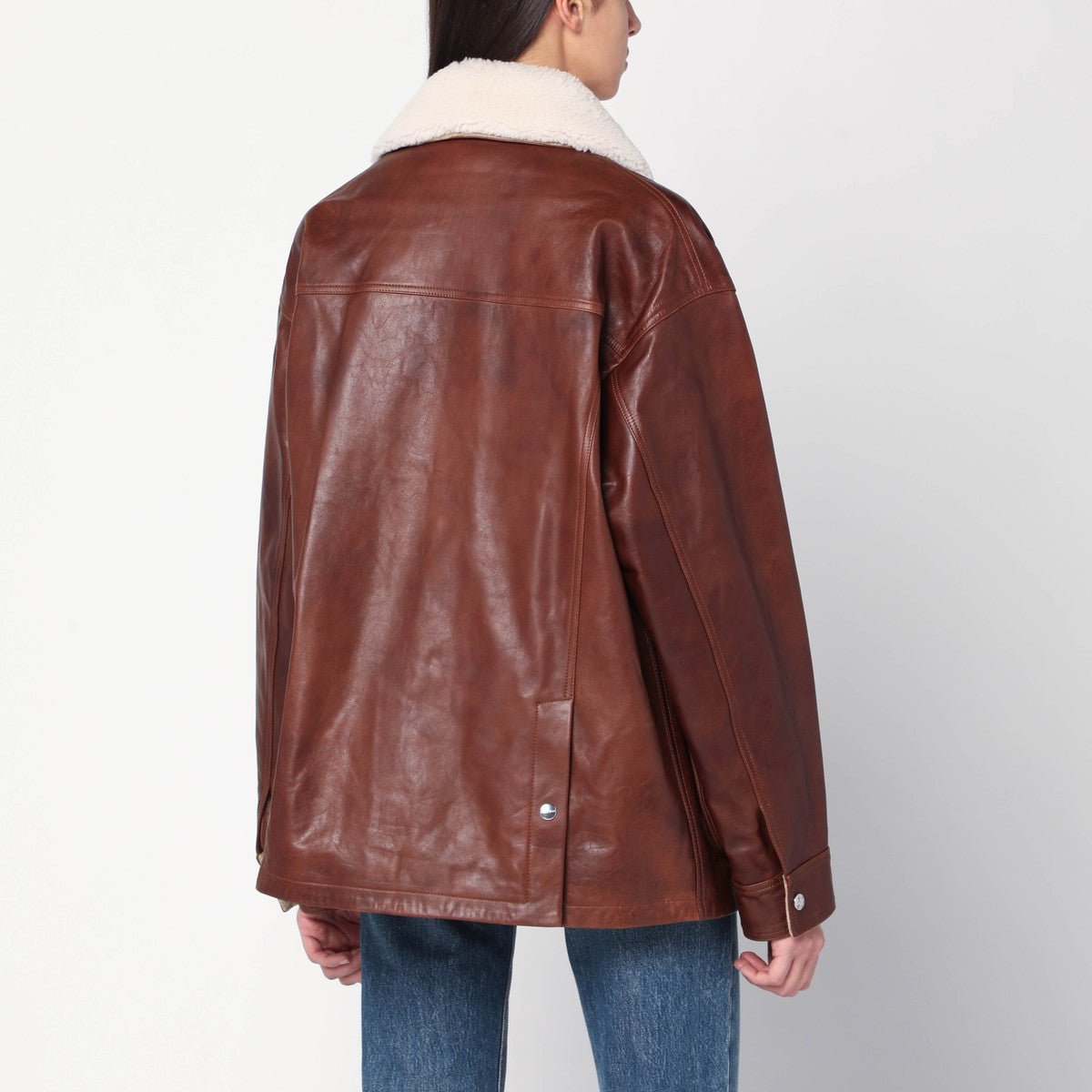 HALFBOY Brown leather jacket with shearling collar HALFBOY