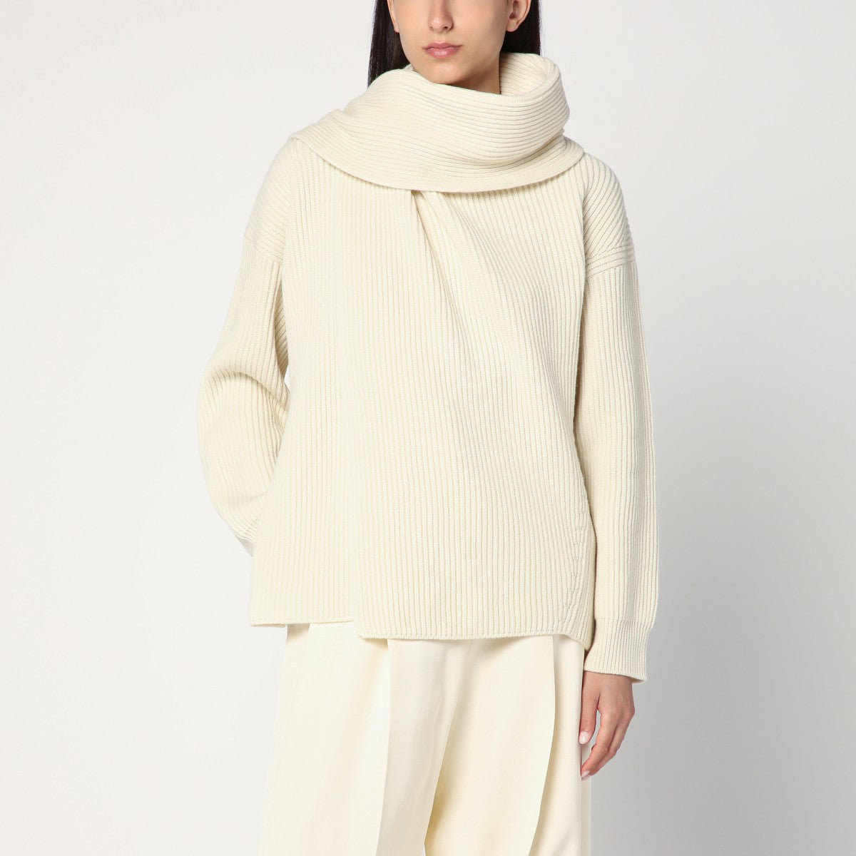 Jil Sander Ivory sweater in wool with scarf Jil Sander