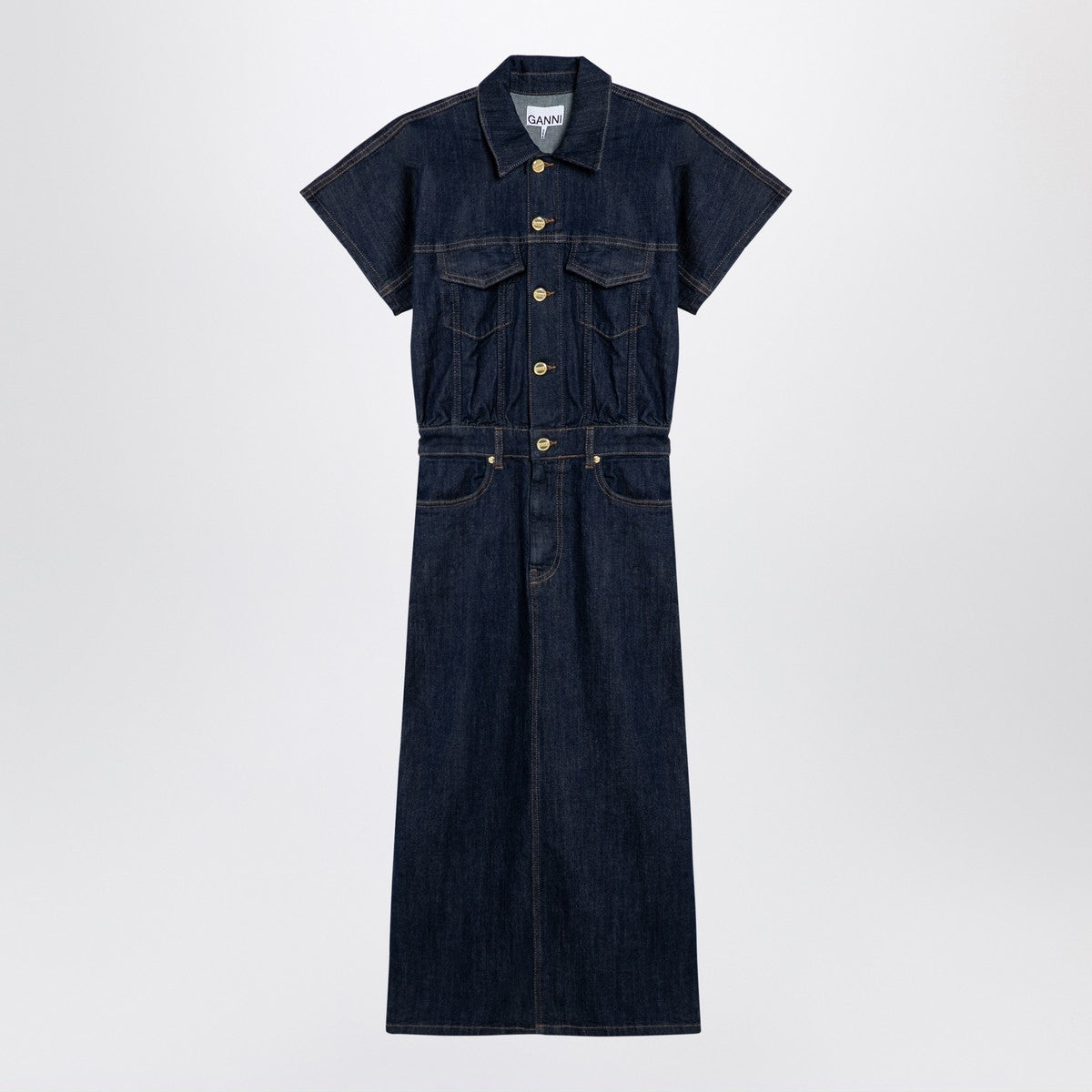 GANNI Blue midi dress in organic denim Ganni
