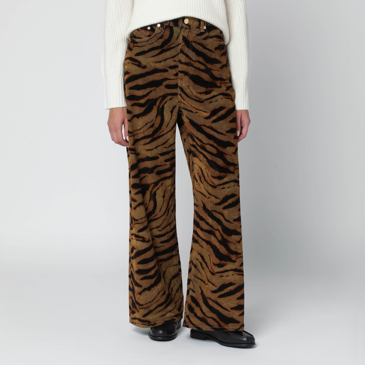 GANNI Khaki zebra-print baggy jeans Ganni