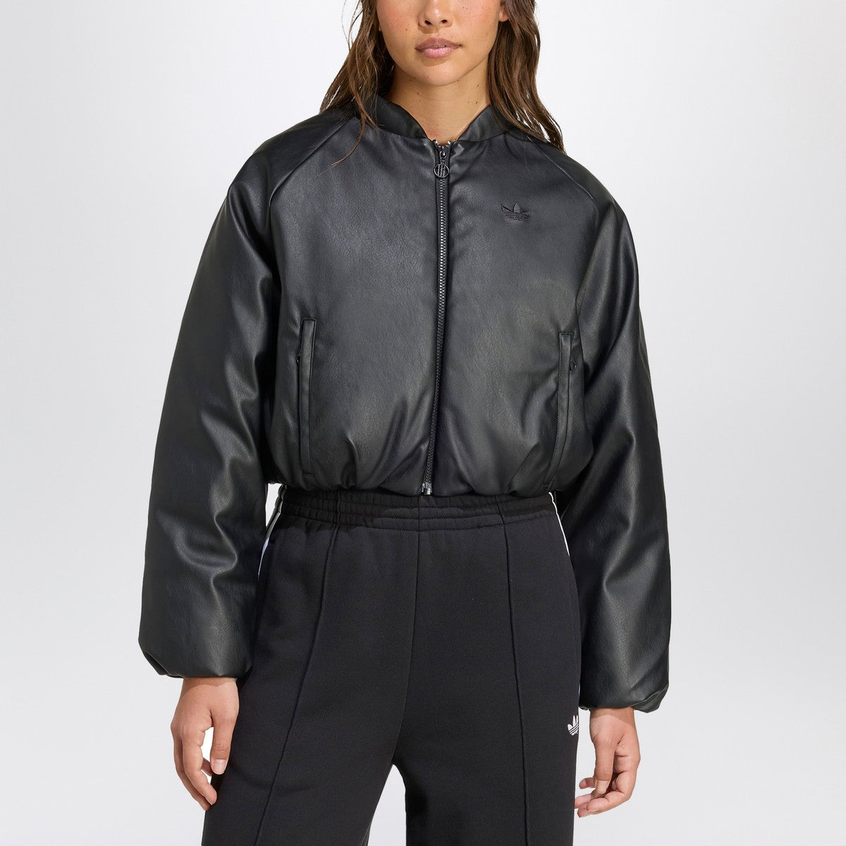 adidas Originals Black faux leather zip-up bomber jacket adidas Originals