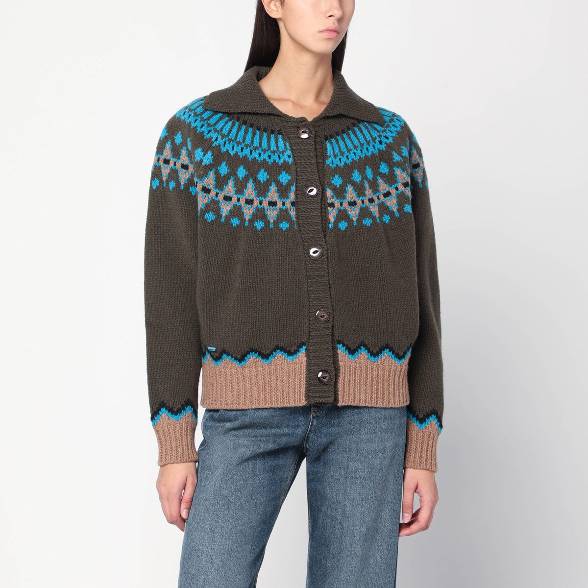 Alanui Olive green Fair Isle patterned cardigan Alanui