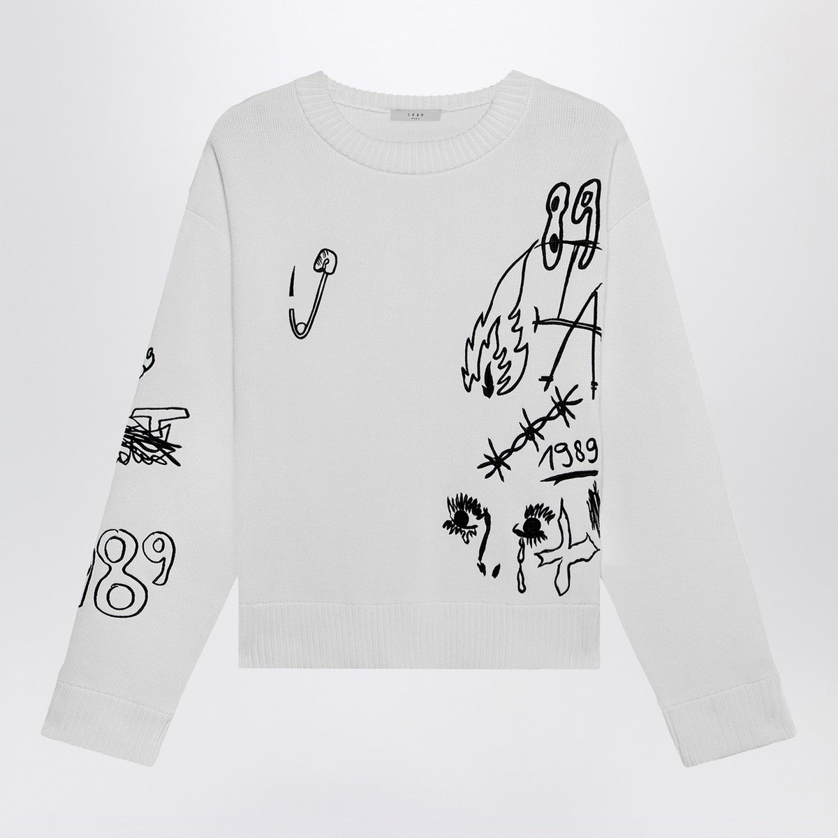 1989 STUDIO Embroidery crop knit round neck white 1989 STUDIO