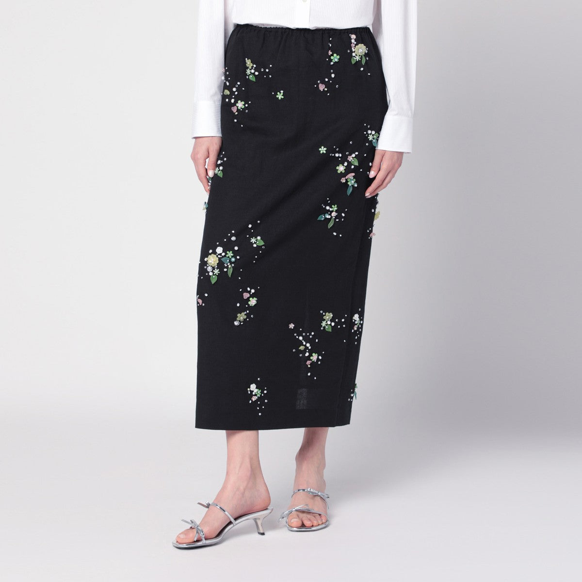 BERNADETTE Black Miriam Embroidered skirt in linen blend BERNADETTE