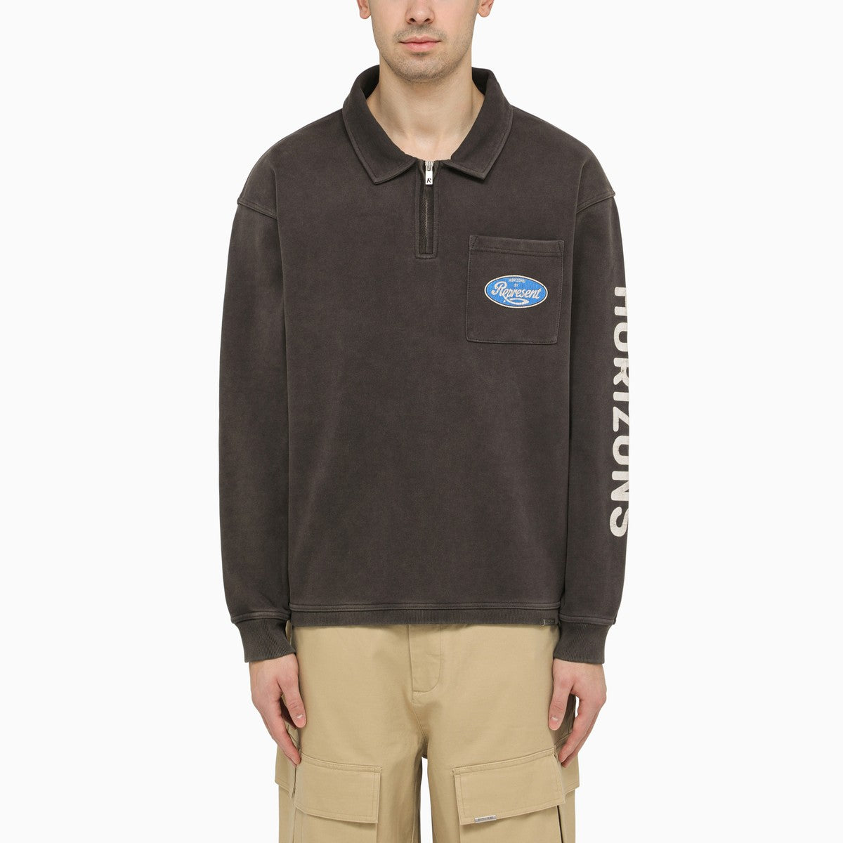 Represent Black washed effect cotton polo shirt with logo Represent