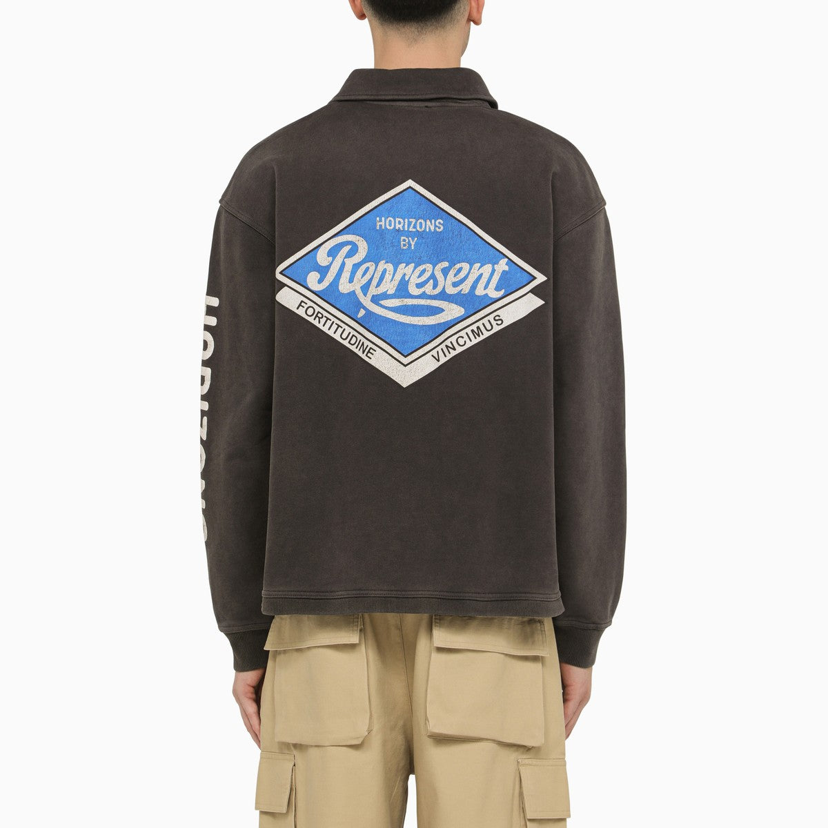 Represent Black washed effect cotton polo shirt with logo