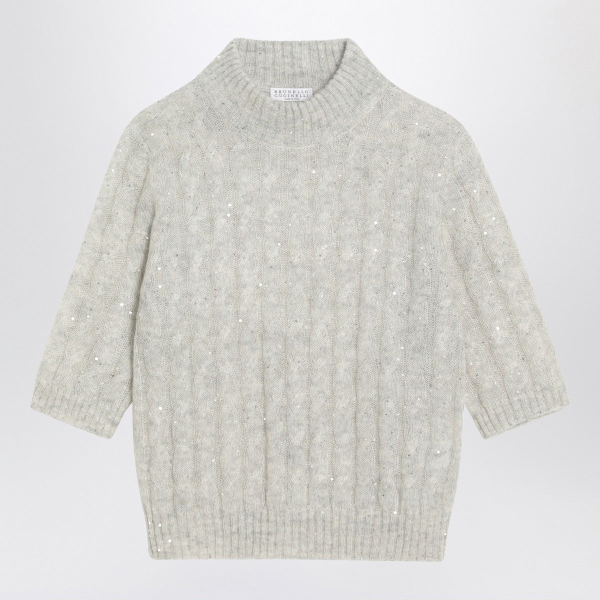 Brunello Cucinelli Light grey cable-knit sweater in mohair blend Brunello Cucinelli