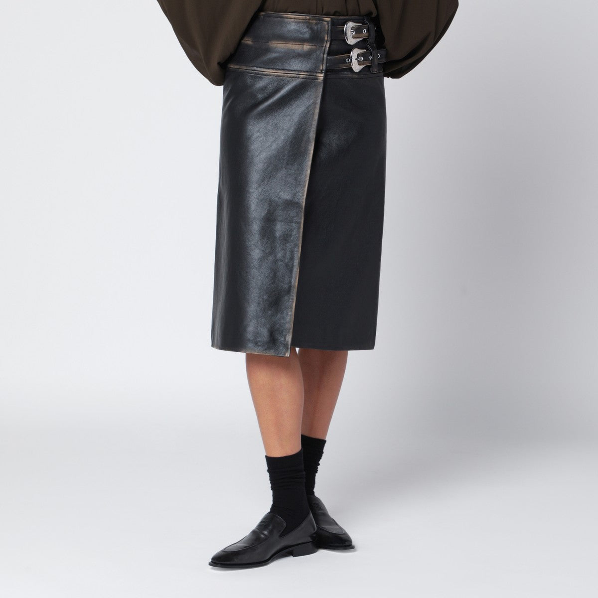 NAMACHEKO Black vintage-effect leather skirt