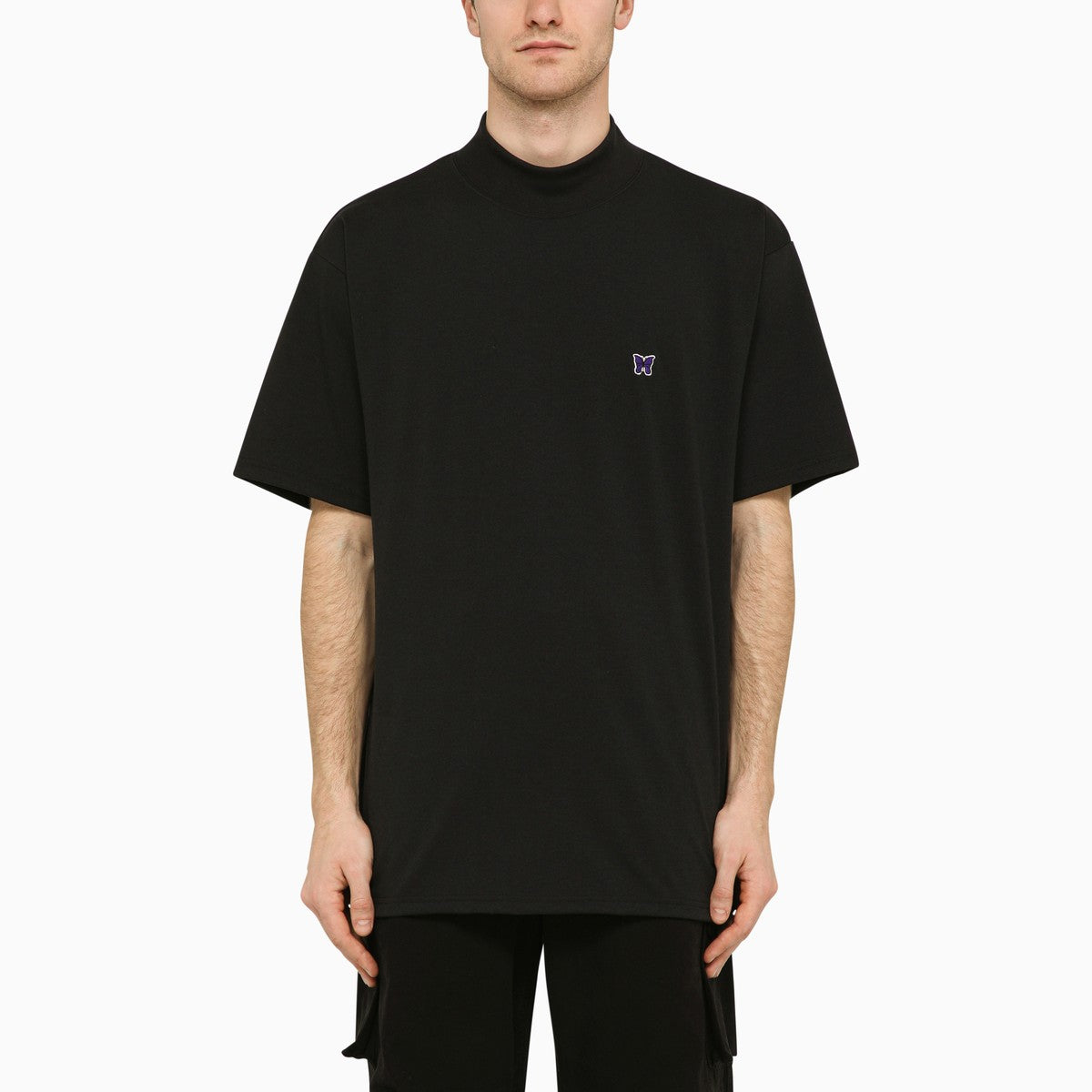 Needles Black stand-up collar t-shirt with embroidery Needles