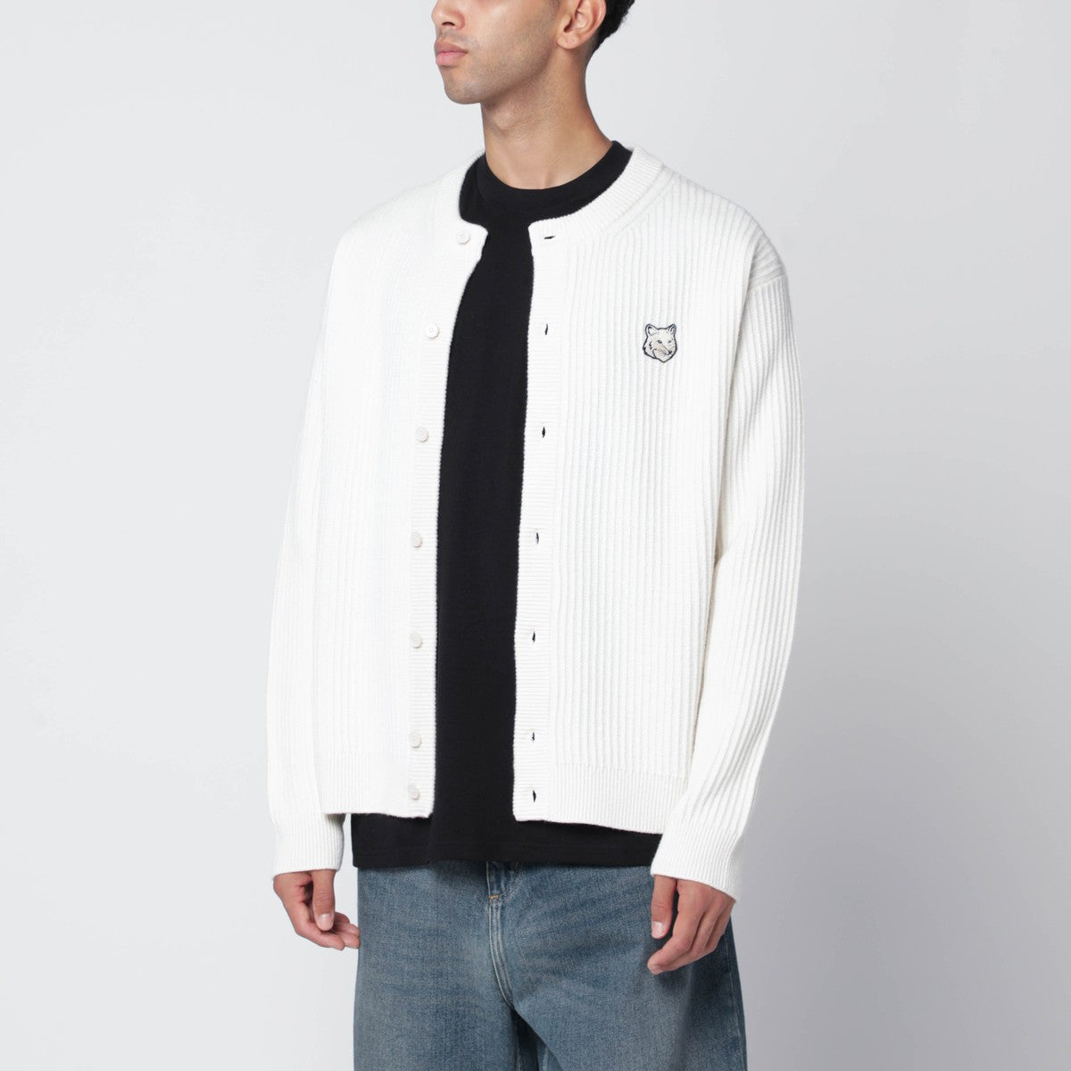 Maison Kitsuné Ecru cardigan with logo patch Maison Kitsuné