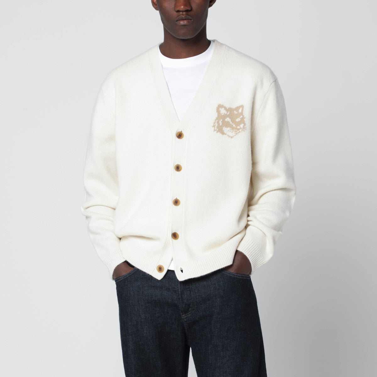 Maison Kitsuné Ecru wool cardigan with Fox Head intarsia Maison Kitsuné