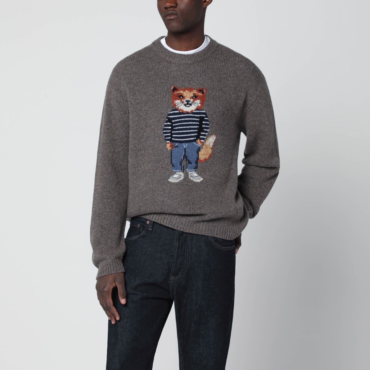 Maison Kitsuné Grey mélange sweater with Dressed Fox intarsia Maison Kitsuné