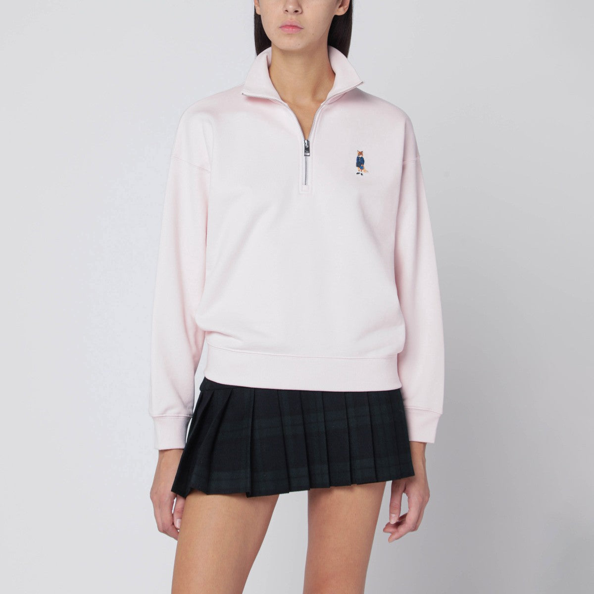 Maison Kitsuné Light pink half-zip sweatshirt with logo patch Maison Kitsuné