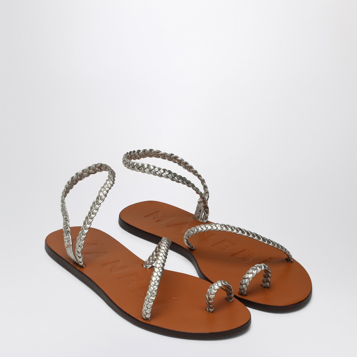 Manebí Platinum leather thong sandals with ring Manebí