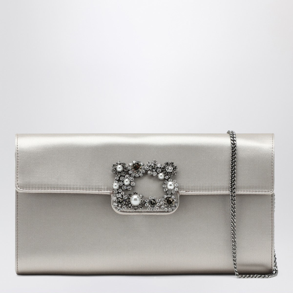 ROGER VIVIER Pearl grey satin clutch bag with buckle Roger Vivier
