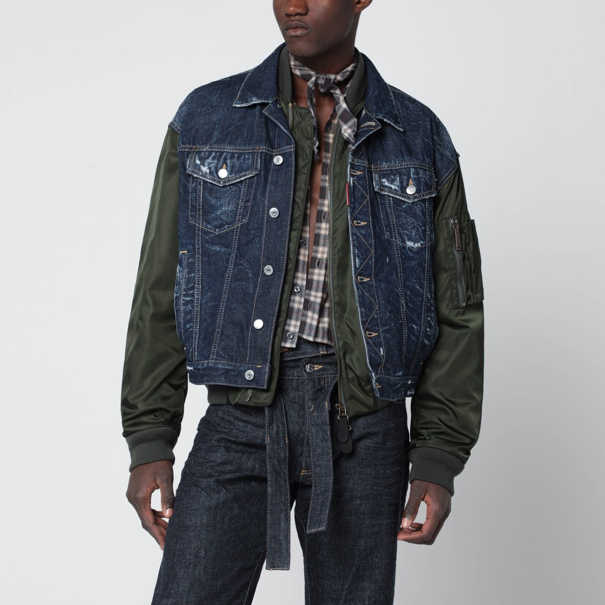 Magliano X D2 Blue denim and military green nylon bomber jacket Magliano X D2
