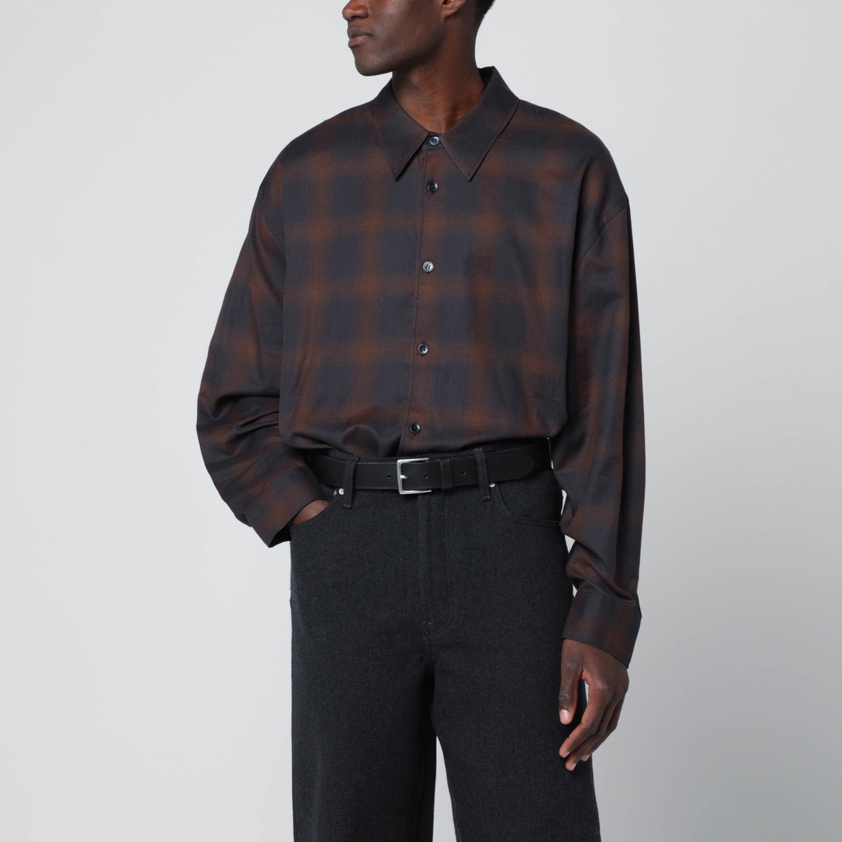STUDIO NICHOLSON Navy blue and brown check shirt Studio Nicholson