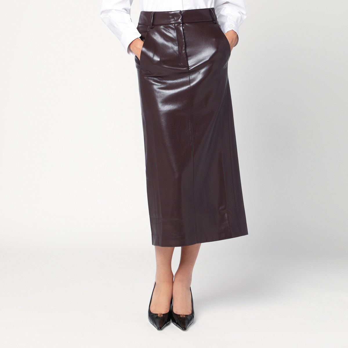 THE ANDAMANE Bordeaux faux leather midi skirt The Andamane